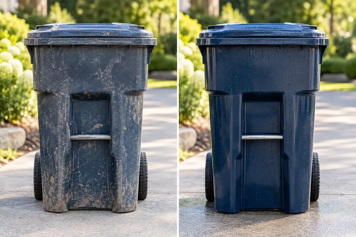 Illustrative trash can before and after Illustrative before-and-after view of a residential trash can being cleaned